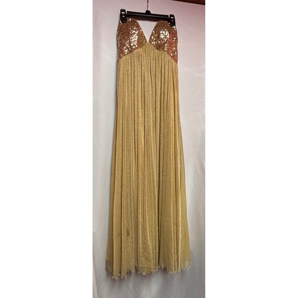La Femme Gold Sequin Open Back Pleated Metallic Formal Prom Gown Dress 4